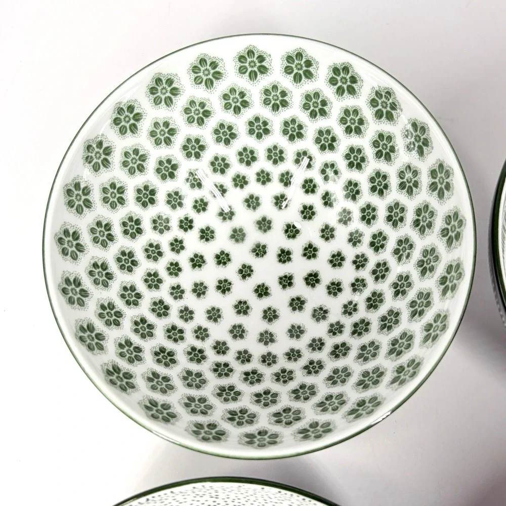 IKEA Entusiasm Mixed Pattern Green Bowls Set of 4 Floral Dot Stripe Soup Cereal